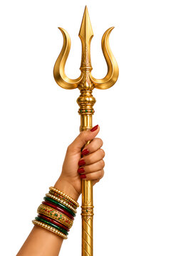 Female hand holding golden trident with colorful bangles sacred hindu goddess symbol for durga puja isolated on a transparent background