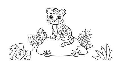Cute Cartoon Baby Leopard Sitting on Rock Vector, Kawaii Wild Cat Safari Coloring Page © BEGUMPIXEL
