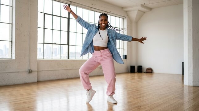 A hip-hop female dancer wearing colorful urban streetwear is dancing in a bright studio.