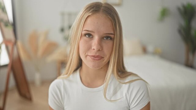 Young woman smiling showing teeth in white t shirt, looking at camera in studio with bed, mirror and potted pampas plant in soft interior; gentle joy.
