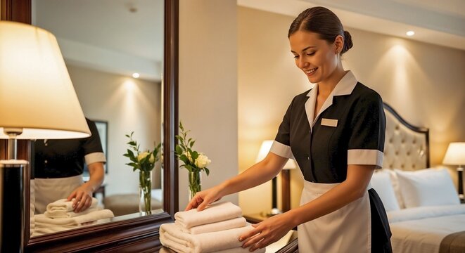 Cheerful maid arranging fresh towels in hotel room with elegant decor and beautiful flowers. The cheerful maid smiles while folding pristine white towels, reflecting professionalism in hospitality.