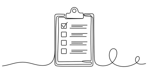 Clipboard checklist with tick mark in minimal continuous line art for task planning business and project management. © Nikhil Ray