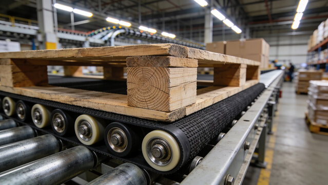 Wooden pallet riding a roller conveyor in a busy warehouse, industrial logistics and materials handling scene with stacked boxes and shelving in the background.