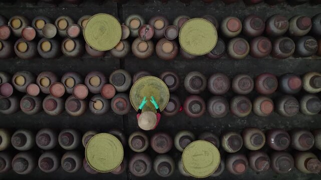 Aerial view of soy bean fermentation jars in My Hao, Vietnam.