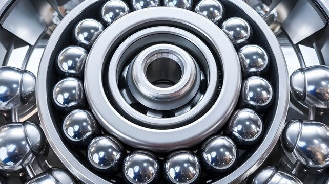 Industrial steel ball bearing close up, polished chrome mechanical parts, metallic circular engine component for heavy machinery and engineering
