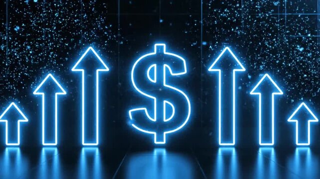 Glowing dollar sign and rising arrows symbolize financial growth