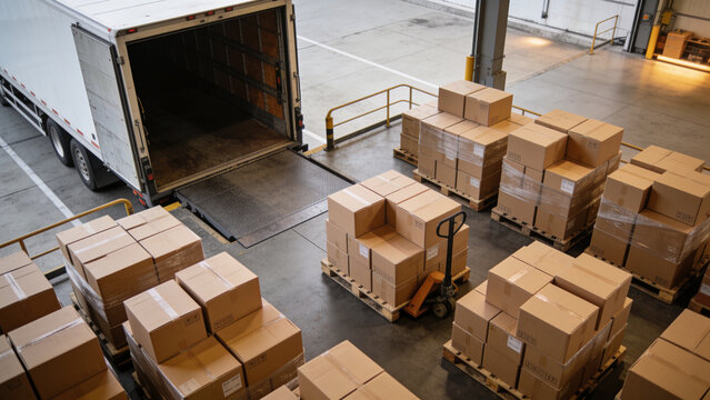 Stacked cardboard boxes on pallets at a busy warehouse loading dock with a parked delivery trailer, pallet jack, and staging area for shipping operations.