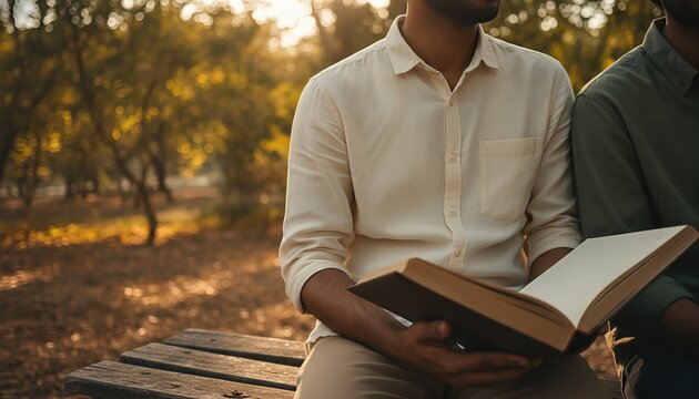 Young man sitting on a garden bench holding a blank leather journal while sharing a quiet, contemplative moment in a sunlit garden