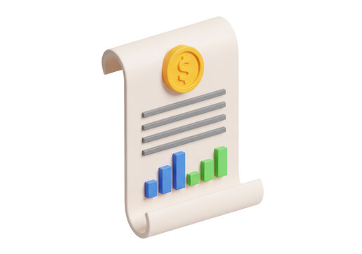 Financial report scroll with coin and bar chart isolated on transparent background