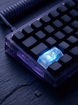 Translucent glass keycap glowing blue with shopping cart icon on compact keyboard