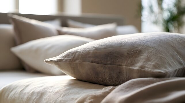 Soft beige linen pillows rest on a comfortable bed in a calm  naturally lit room with blurred background elements