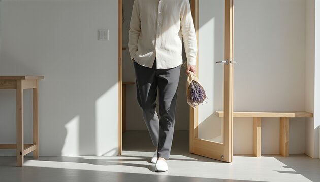 Young man wearing blank white slip on mules walking through a sunlit minimalist boutique florist