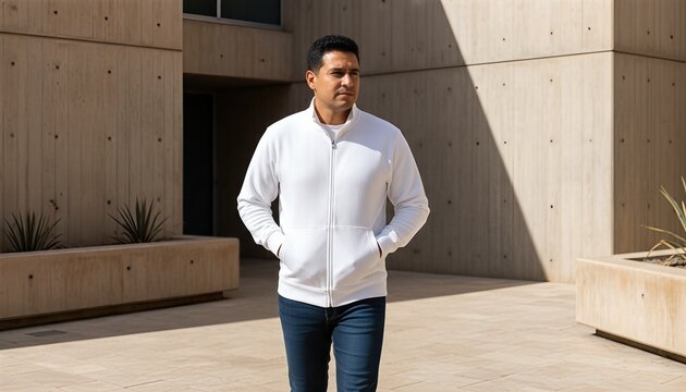 Young man wearing blank white zip up sweatshirt walking near a raw concrete museum