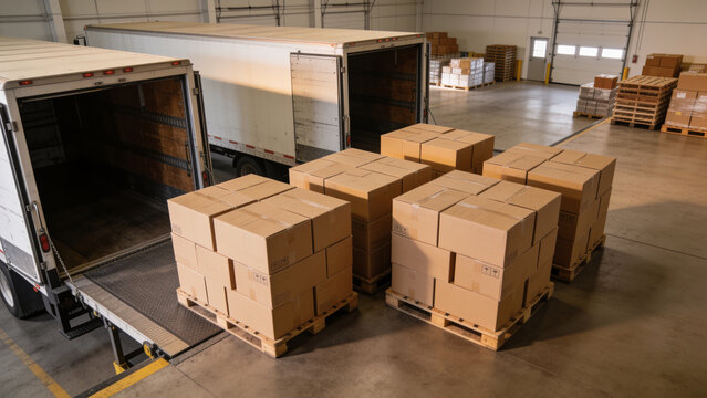 Palletized cardboard boxes staged inside a warehouse by open truck docks, ready for loading and distribution in a logistics facility.