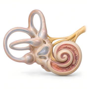 Inner ear sensorineural hearing loss medical 3D anatomy render showing cochlea, semicircular canals and auditory nerve degeneration, isolated for audiology, healthcare and patient education design