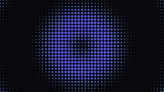 Abstract animated halftone dots pattern background, expanding and contracting purple and blue circles