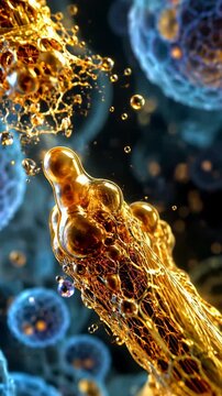 Glowing golden liquid filament crossing dark space diagonally, surrounded by floating droplets and blue spheres with glossy translucent bokeh in vertical closeup