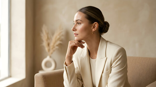 Professional woman thinking thoughtfully by the window in a light room