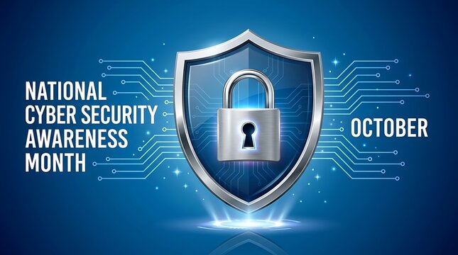 National cyber security awareness month banner with metallic shield and padlock over glowing blue circuit background for premium digital safety promotion.