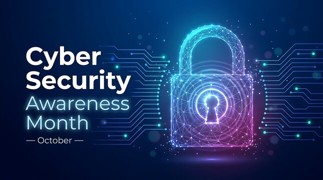 Neon padlock graphic with digital circuit lines on dark blue background promoting cybersecurity awareness month in october for IT safety illustration.