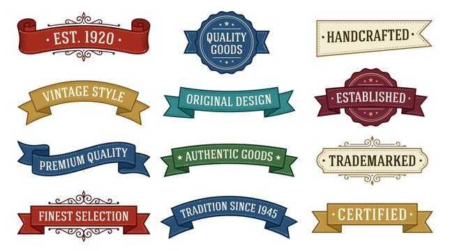 Vintage ribbon banners and retro label set, 12 vector graphic elements for branding, antique style badges with quality goods typography