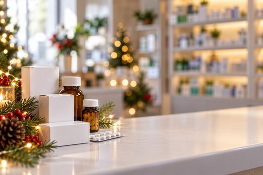 Christmas pharmacy counter with unbranded medicine packages, seasonal healthcare, winter medication and holiday pharmacy concept with copy space