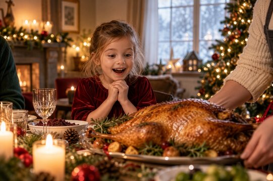 Excited child seeing roast turkey at Christmas dinner, joyful family celebration and festive holiday meal concept