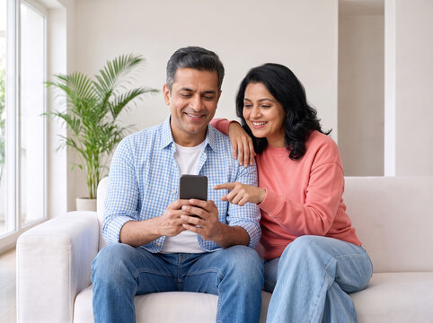 smiling indian couple sitting on white sofa together using a smartphone dim light natural day indoor residential contemporary living room