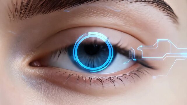 Futuristic Blue Eye Retina Scanning with Digital HUD Interface Overlay Concept