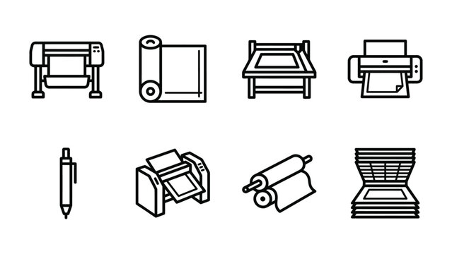 Printing Equipment Icons: A collection of clean, minimalist line art icons representing various printing and office equipment, including a large format printer, paper roll, laminator.
