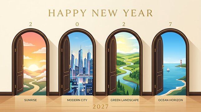 Four open doors revealing different seasonal landscapes representing the four seasons of the year for a new year concept