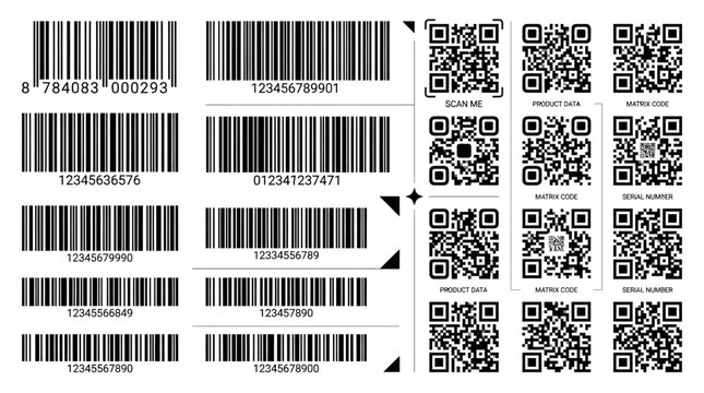 Professional barcode and QR code collection, 22 digital identification elements for retail and logistics, black matrix code vector set