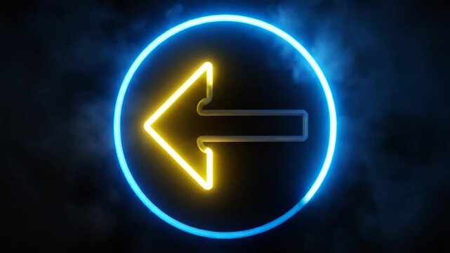 Glowing neon left arrow sign in a blue circle on dark background
