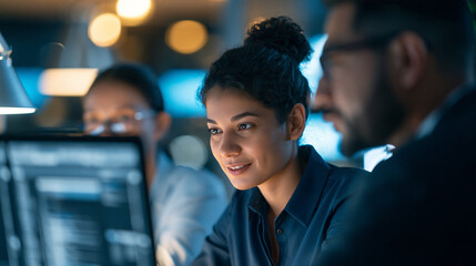 Obraz premium Innovative AI-focused team building workshop in a modern business environment, interactive technology session, machine learning strategy discussion, digital transformation, with