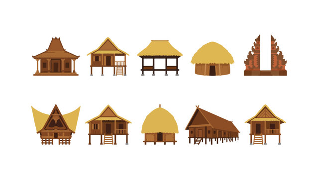 Minimalist flat Indonesian traditional vernacular houses vector icon set without outlines featuring Joglo Honai and Batak Bolon for cultural education, isolated on white background