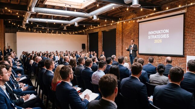 Business conference presentation photo. Speaker on stage in modern loft hall.