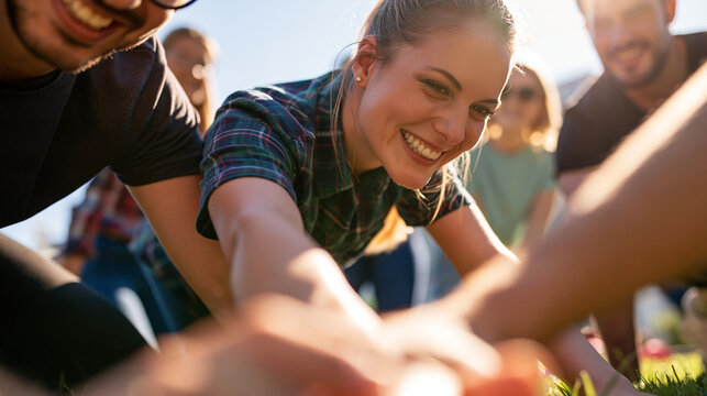 Young people enjoying a team building game together outdoors, group activity, friendship, engagement, corporate youth event, with copy space