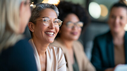 Obraz premium Positive businesswomen collaborating together, female teamwork, empowerment, workplace diversity, leadership, professional partnership, with copy space