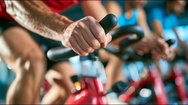 Close-up of a cyclist gripping stationary bike handlebars during an energetic indoor cycling class, representing fitness, cardio training and healthy active lifestyle