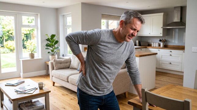 Man holding painful lower back, bright home interior