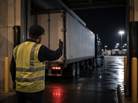 A warehouse worker wearing a reflective vest signals to a semi truck backing into a loading dock at night, illustrating teamwork and logistics operations in an industrial setting.