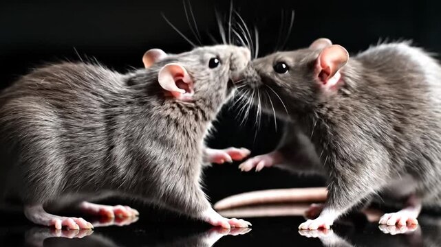 Two grey rats interacting on black reflective surface