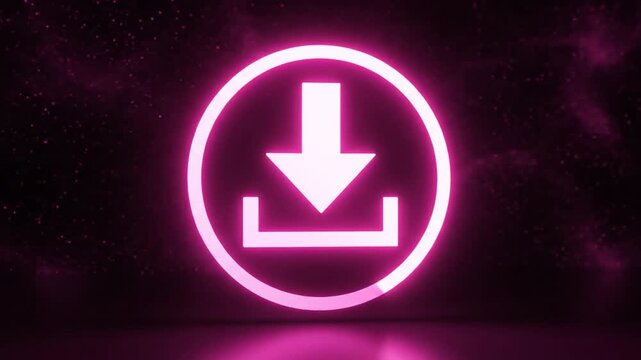 Glowing pink download icon on a dark digital background with reflection