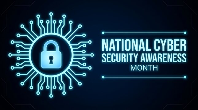 Digital lock graphic represents cybersecurity awareness month with glowing circuit board elements on dark blue background for online safety concepts.