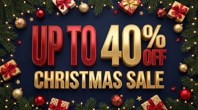Christmas sale 3d render banner with up to 40 percent off discount