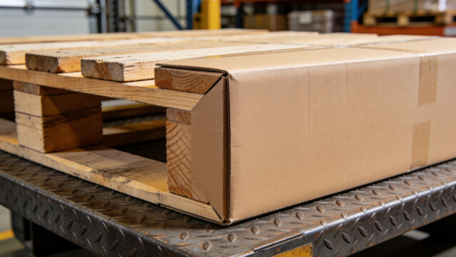 Cardboard wrapped wooden pallet resting on a metal workbench in a warehouse setting, showing packaging and storage handling in an industrial environment.