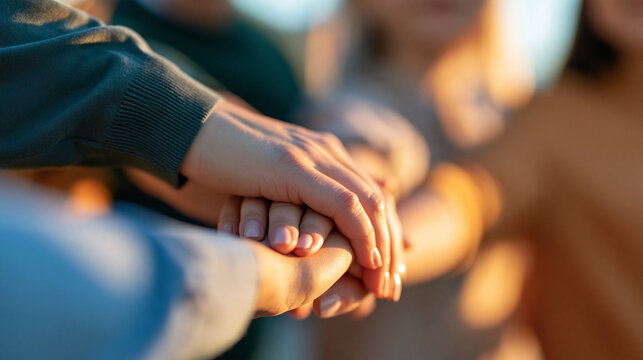 Faceless group of students holding hands together, unity, friendship, teamwork, community spirit, with copy space