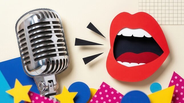 Paper cutout collage of a retro microphone and red mouth with musical elements.