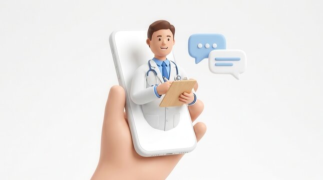 Telemedicine concept featuring a 3D doctor character on a mobile phone screen during a remote medical consultation.