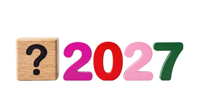 Year 2027 concept photo. Wooden block with question mark and colorful numbers.